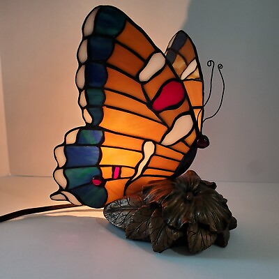#ad VINTAGE TIFFANY Style Butterfly Lamp Stained Glass Table Desk Light Multi Color $49.95