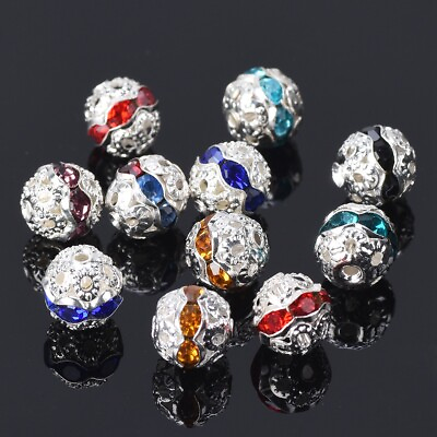 #ad 20pcs 8mm Round Silver Plated Crystal Rhinestones Loose Metal Spacer Beads $2.99