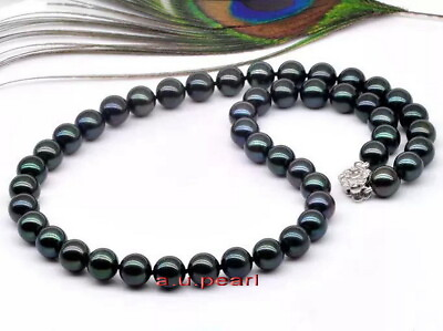 #ad Top luster 18quot;9 10mm REAL natural TAHITIAN black blue pearl necklace 14K*TAHITI $450.00