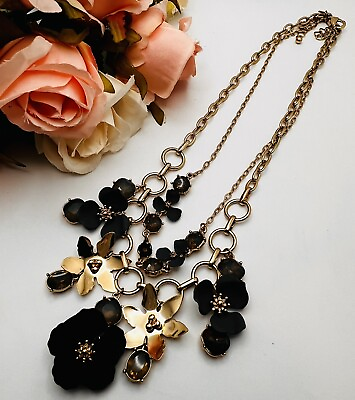 #ad Banana Republic Double Strand Gold tone Black Flower Statement Necklace 14 17” $14.98