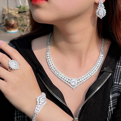 #ad Zircon Wedding Necklace Bracelet Earrings Rings Bridal Silver Plated Jewelry Set $36.10