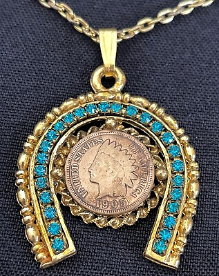 #ad 1970s Bling Lucky Penny Horseshoe Pendant Gold Necklace Stones Louie Rafael 1905 $100.01
