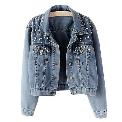 #ad Ainangua Cropped Jean Jacket Womens Pearl Oversized Distressed Short Bridal $26.39
