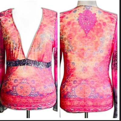 #ad Love Amour Pink boho Top Shirt Sheer Sleeves Y2k Music Theme Deep V Size XL $24.69