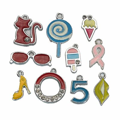 #ad 10 Assorted Silver Enamel Charms Pendants Tags Bracelets Necklace Key Ring $2.99
