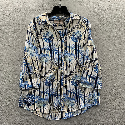 #ad CHICOS Shirt Womens Size 1 Medium Button Up Blouse Top Floral 3 4 Sleeve Sheer* $14.95