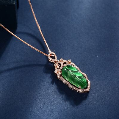 #ad 18K Gold Necklace ft. Emerald Green Jade Leaf Pendant amp; Diamond Halo COA $1885.95