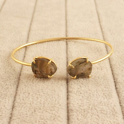 #ad Pear Shape Fire Labradorite Yellow Gold Plated Prong Set Adjustable Open Bangle $6.99