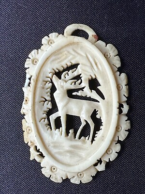 #ad Antique French Cut out Bakelite Pendant Deer in the Forest 4.5cm by 3cm $69.00