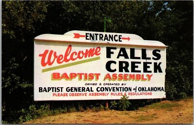 #ad c1960s DAVIS Oklahoma Postcard FALLS CREEK BAPTIST ASSEMBLY Highway Billboard $5.25