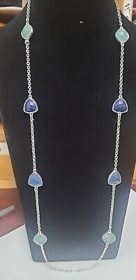 #ad Chaps Necklace Silvertone Chain Blue Signed 30quot; Lobster Clasp Adjustable $9.99