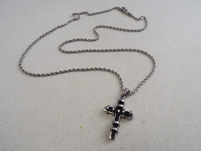 #ad Silvertone Black Stone Cross Stainless Pendant Necklace A14 $12.73