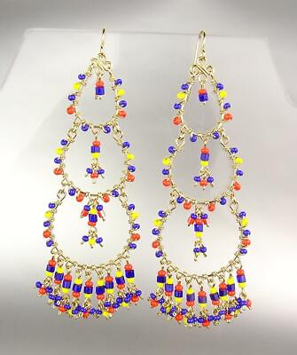 ARTISANAL Blue Yellow Orange Multicolor Beads Crystals Gold Chandelier Earrings $23.99