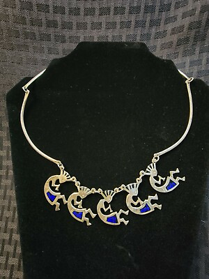 #ad Vintage Dancing Kokopelli Mexico Sterling tone Necklace Lapis Inlay Estate Find $75.00