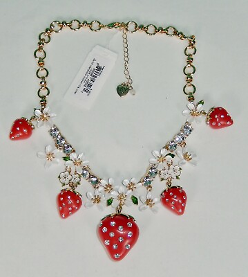#ad Authentic Betsey Johnson Strawberry Crystal Flower Statement Necklace Babycakes $49.99