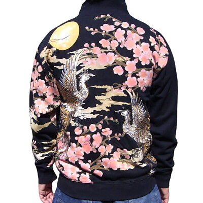 #ad Mens Zip Jacket Japanese Pattern Embroidery Phoenix Bird Sakura Cherry Blossoms $129.00