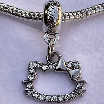 #ad Silver HELLO KITTY European Bracelet Charm CRYSTAL BLING Cat amp; Bow Pendant Bead $5.00