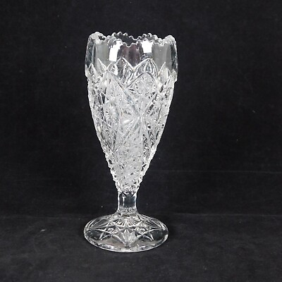 #ad Brilliant Clear Pressed Glass Footed Bud Vase Star Bottom Sawtooth Edge 6” High $20.00