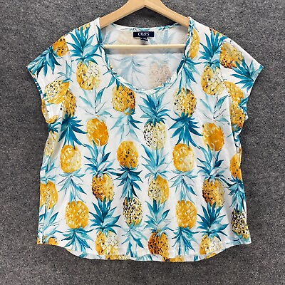 #ad Chaps Top Women Yellow XL Petite Short Sleeve Pineapple Print T Shirt Cotton $5.37