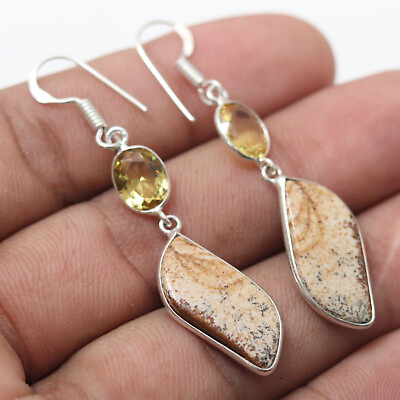 #ad Q8974 Picture Jasper Sterling Silver Plated Earrings 2.2quot; Gemstone Jewelry $3.67
