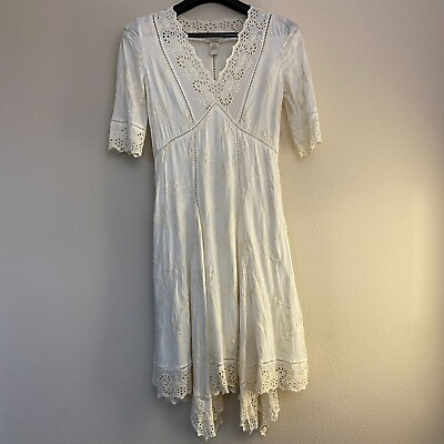 #ad Sundance Dress Size 6 Eyelet Lace Blooming Romance Midi V Neck Ivory Cream $58.50