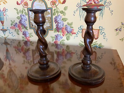 #ad Pair English Victorian Barley Twist Candlesticks 8.25 in with Brass Tops C1900 $135.00
