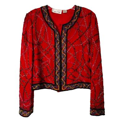 #ad Laurence Kazar l Vintage 100% Silk Beaded Jacket Size XL $65.00