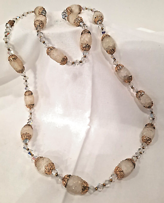 #ad Antique AB Aurora Borealis Faceted Crystal Lg Cracked Glass Beaded Necklace OOAK $325.00