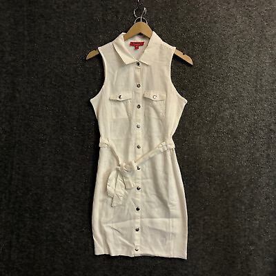 #ad Guess White Denim Waist Belt Shirt Dress Collared Sleeveless Size Medium NWOT $22.99