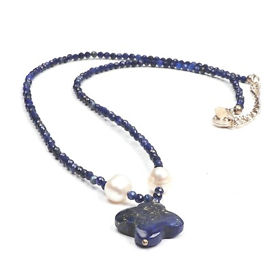 #ad Lapis Lazuli amp; Pearl Necklace 16 Inch 925 Silver Lock 2 amp; 12 MM Flower Beads $19.85