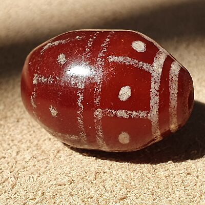 #ad Antique Tibetan Etched Agate Bead: Decorated Eyes Pattern Amulet SHDK 5. $85.00