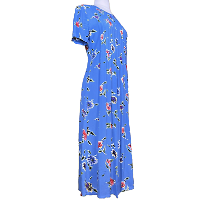 #ad Vintage Maxi Dress S M 1990s Floral Button Back Blue High Neck Worthington Rayon $9.60