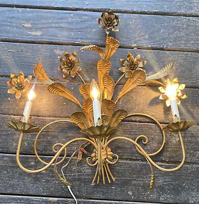 #ad #ad Hollywood Regency Italian Tole Ware Gold Gilt Floral Wall Sconce Lamp LIght $200.00