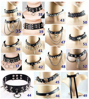 #ad Punk Gothic Black Leather Choker Skull Chain Spike Rivet Buckle Collar Necklace $5.69