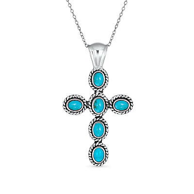 #ad Turquoise Rope Bezel Cross Pendant .925 Sterling Silver Necklace $69.99