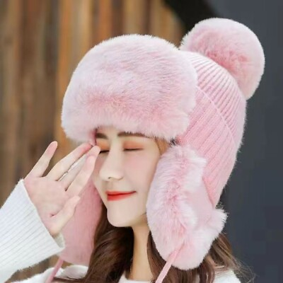 #ad Lady Faux Fur Trapper Hat Earflap Cap with Pompom Thermal Outdoor Winter Russian $27.80
