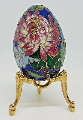 #ad Cloisonne Metal Enameled Pink Flowered Egg Blue Gold with Stand Colorful Vibrant $22.85