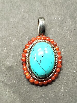 #ad Sterling Silver Robin#x27;s Egg Blue Turquoise Pendant Coral Bead Halo Southwestern $34.00