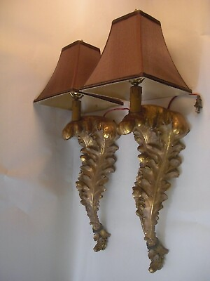 #ad Pair Huge 30” Custom Gold Gilt Acanthus Leaf Wall Lamp Sconce Italy French Style $1225.00