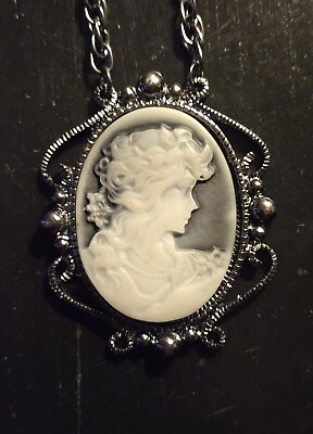 #ad Vintage Large Black Cameo Necklace With Detailed Scrollwork $13.00