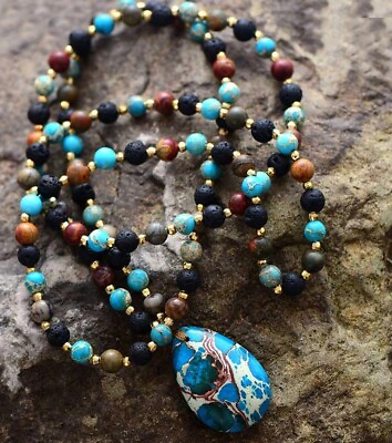 #ad Natural Stone Beaded Necklace Jasper Gemstone Pendant Necklace for Meditation $16.90