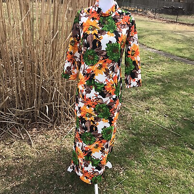 #ad Handmade Vintage Dress Floral Orange Green Brown maxi with side slits Size Small $29.99