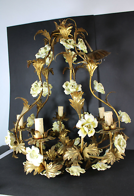 #ad Vintage italian Metal golt gilt yellow porcelain roses Chandelier lamp $812.50