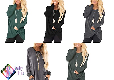 #ad Ladies Solid Colour Long Sleeve T Shirt Twisted Pullover Crew Neck Tunic Tops GBP 8.27