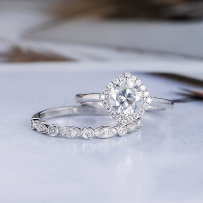#ad Solid 14k White Gold 2 CT Halo Cushion Cut Moissanite Bridal Set Engagement Ring $232.19