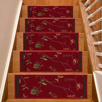#ad Stair Treads Skid Slip Resistant Backing Indoor Carpet Scroll Flower Red 8quot;x26quot; $29.99