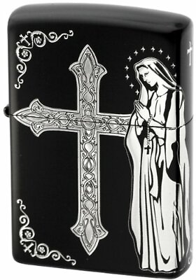 #ad Zippo Oil Lighter Black Silver Maria Cross Brass Etching Double Sided Processing $102.99