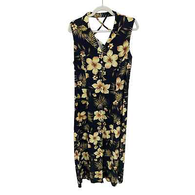 #ad Scarlett Maxi Dress Womens 14 Black Yellow Hawaiian Floral Rayon Vintage $34.00