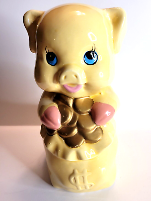 #ad Vintage Ceramic Piggy Bank Yellow Pig in Overalls with coins $20.99