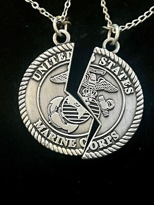 #ad Marine Corps Two Piece Heart Mizpah Coin Pendant Necklace Boxed $11.55